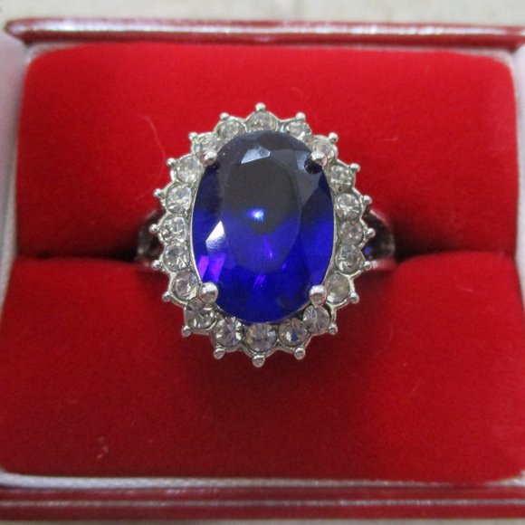 Oval Blue Sapphire Halo Princess Ring sz 6.5 September Birthday Boxed - Picture 1 of 16